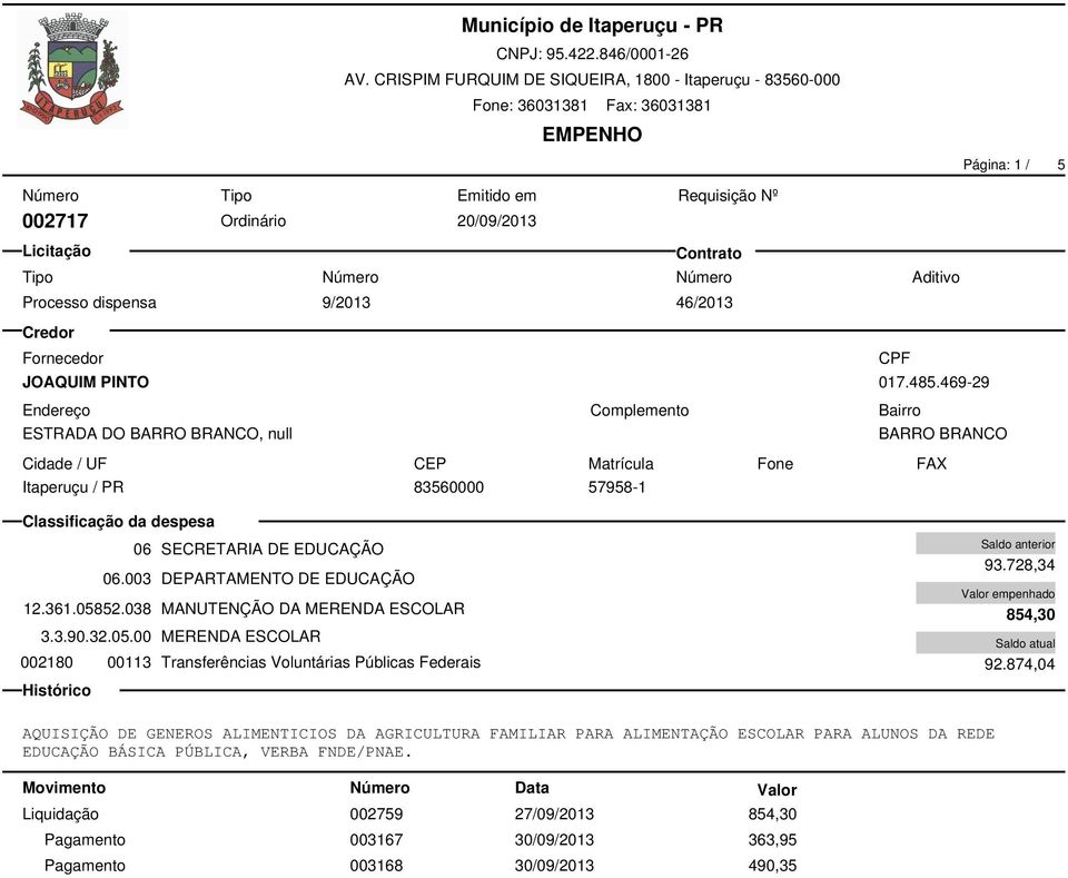 05.00 MERENDA ESCOLAR 002180 00113 Transferências Voluntárias Públicas Federais 93.728,34 854,30 92.