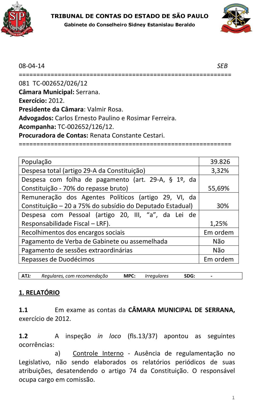 ============================================================ População 39.826 Despesa total (artigo 29-A da Constituição) 3,32% Despesa com folha de pagamento (art.