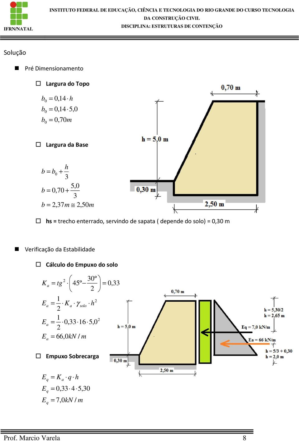 Verificção d Estilidde Cálculo do Empuxo do solo K E E E tg K 30º 45º 0,33 γ solo