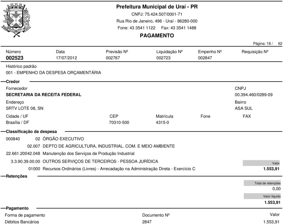 048 Manutenção dos Serviços de Produção Industrial 3.3.90.39.00.