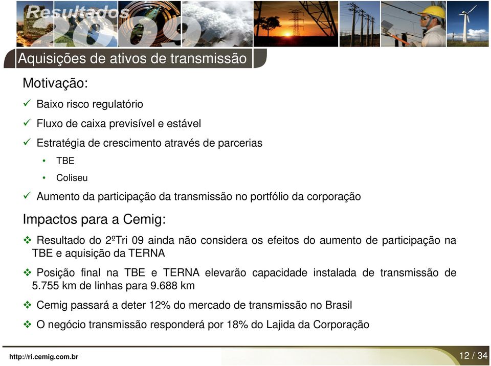 considera os efeitos do aumento de participação na TBE e aquisição da TERNA Posição final na TBE e TERNA elevarão capacidade instalada de transmissão