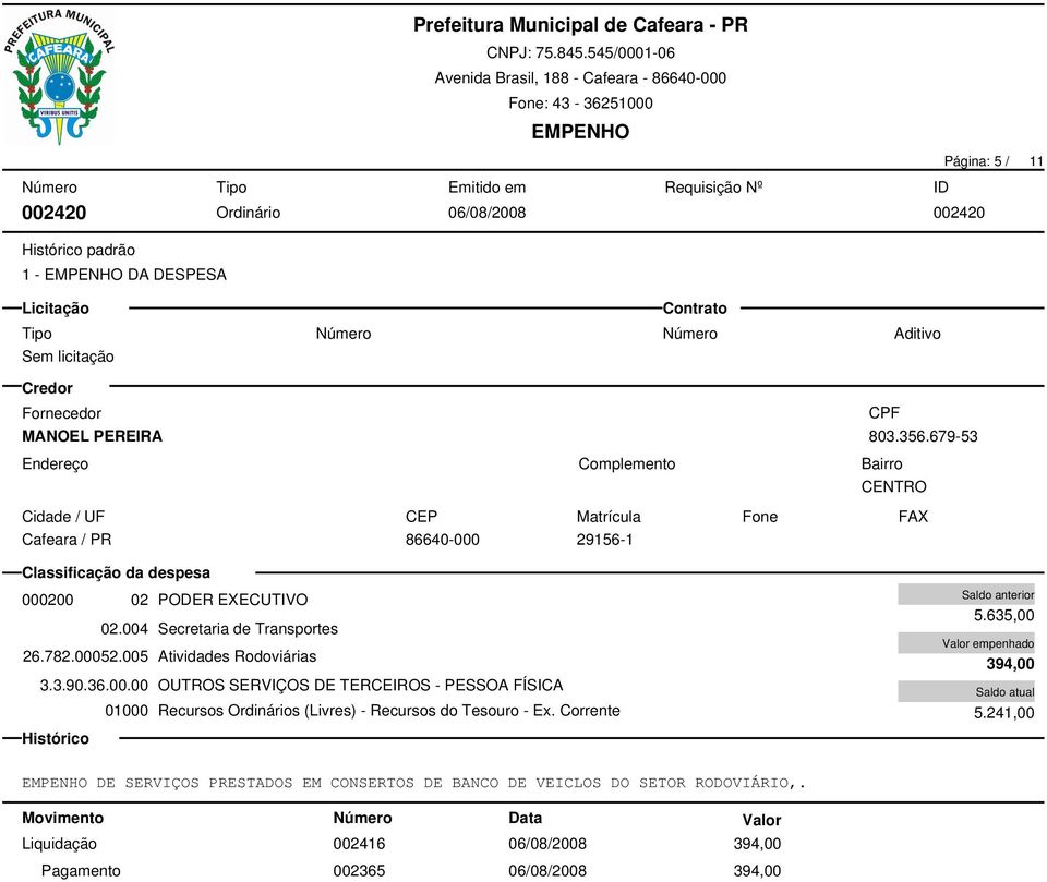 005 Atividades Rodoviárias 3.3.90.36.00.00 OUTROS SERVIÇOS DE TERCEIROS - PESSOA FÍSICA 01000 Recursos Ordinários (Livres) - Recursos do Tesouro - Ex.