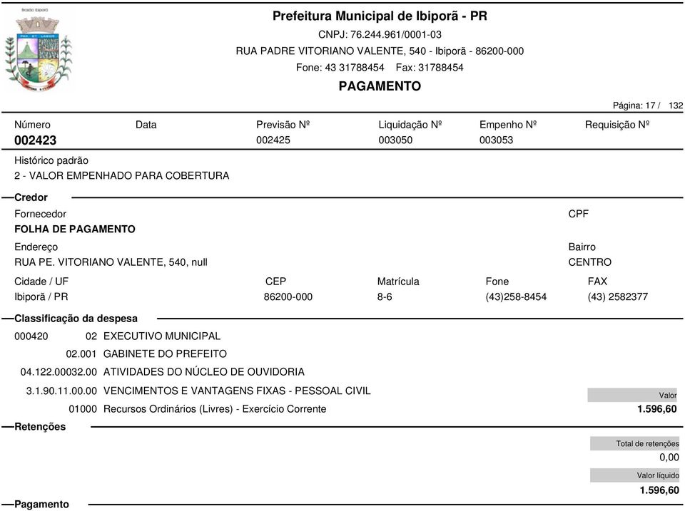 00032.00 ATIVIDADES DO NÚCLEO DE OUVIDORIA 3.1.90.11.00.00 VENCIMENTOS E VANTAGENS FIXAS - PESSOAL CIVIL 1.