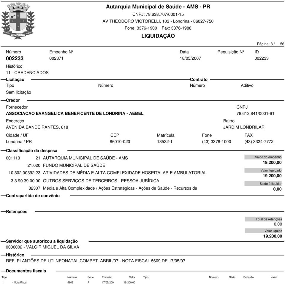 23 ATIVADES DE MÉDIA E ALTA COMPLEXADE HOSPITALAR E AMBULATORIAL 32307 Média e Alta Complexidade / Ações Estratégicas - Ações de Saúde - Recursos de 19.