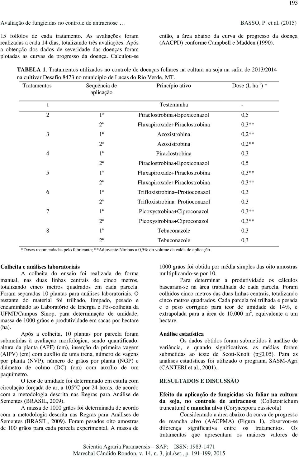 Calculou-se então, a área abaixo da curva de progresso da doença (AACPD) conforme Campbell e Madden (1990). TABELA 1.