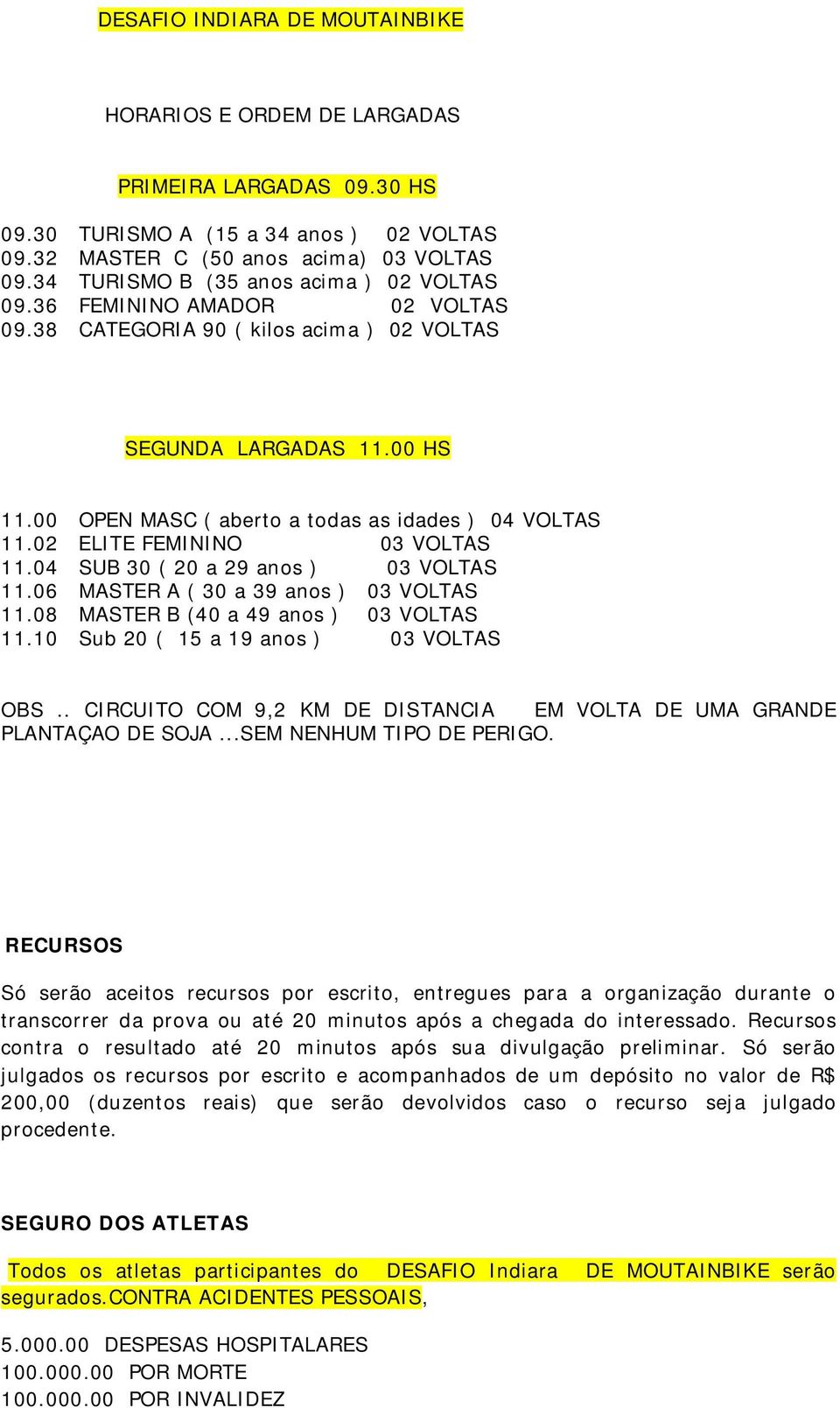 00 OPEN MASC ( aberto a todas as idades ) 04 VOLTAS 11.02 ELITE FEMININO 03 VOLTAS 11.04 SUB 30 ( 20 a 29 anos ) 03 VOLTAS 11.06 MASTER A ( 30 a 39 anos ) 03 VOLTAS 11.