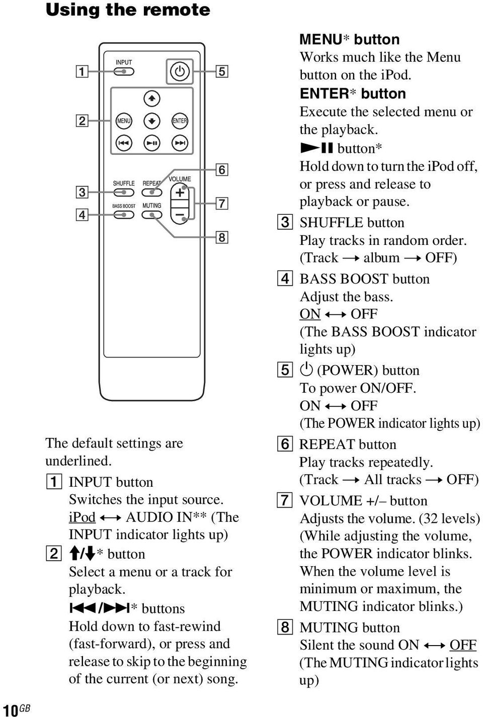 ENTER* button Execute the selected menu or the playback. NX button* Hold down to turn the ipod off, or press and release to playback or pause. 3 SHUFFLE button Play tracks in random order.