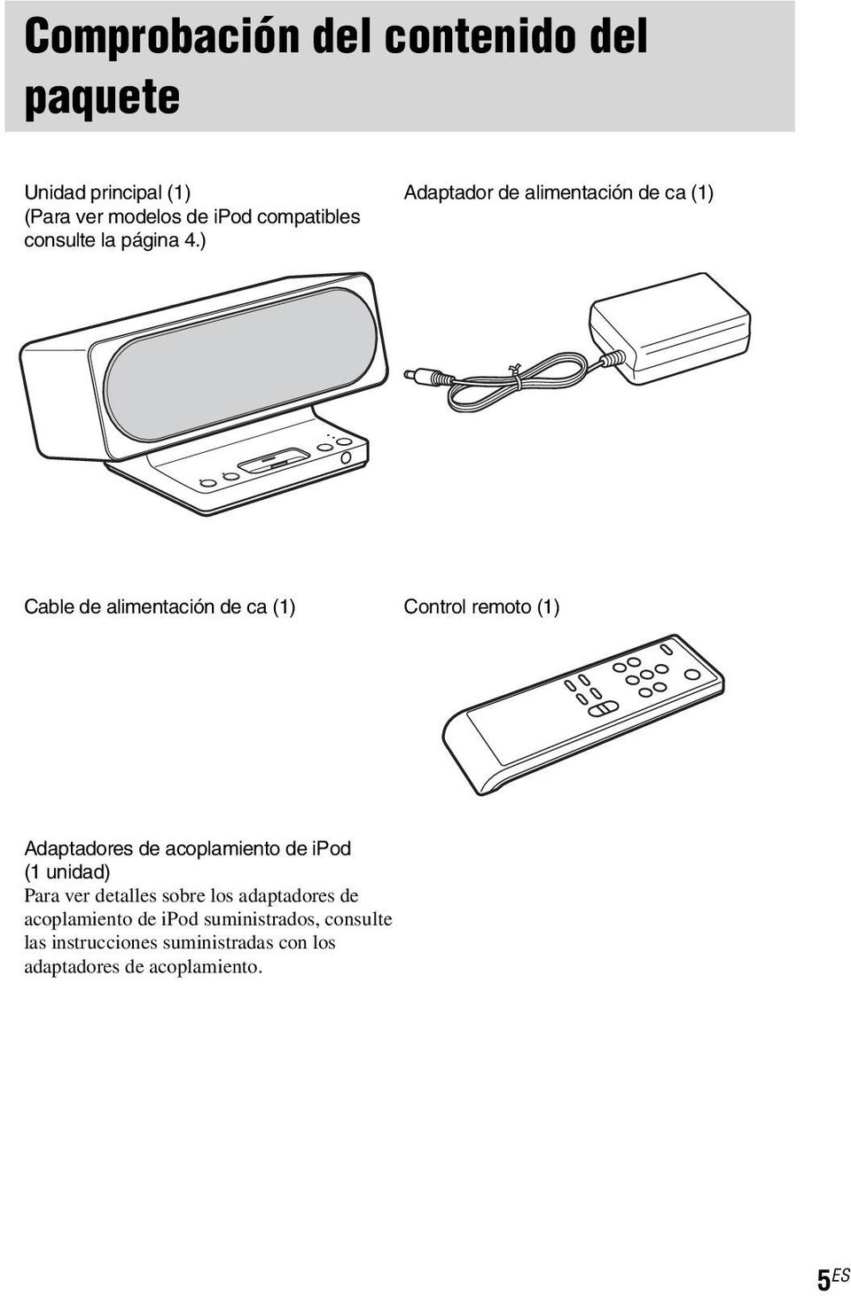 ) Adaptador de alimentación de ca (1) Cable de alimentación de ca (1) Control remoto (1) Adaptadores de