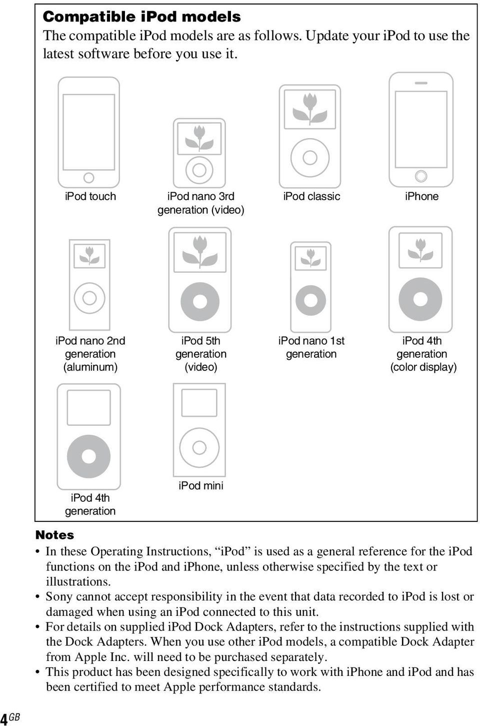 generation ipod mini Notes In these Operating Instructions, ipod is used as a general reference for the ipod functions on the ipod and iphone, unless otherwise specified by the text or illustrations.