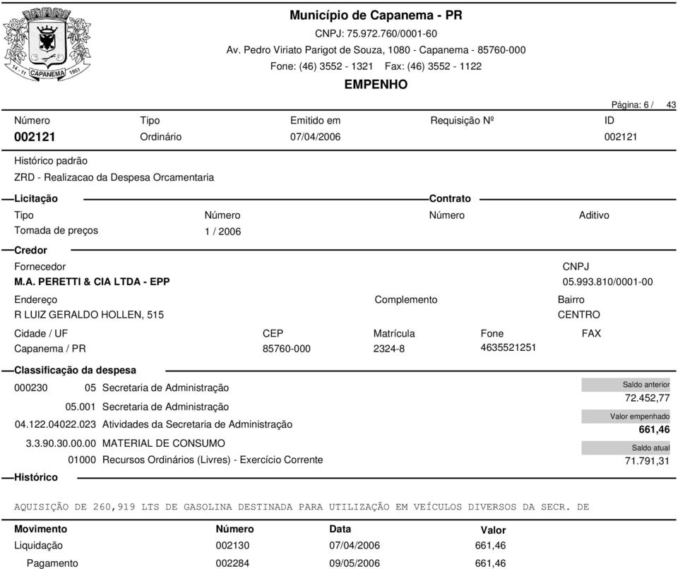 810/0001-00 85760-000 2324-8 4635521251 000230 05 Secretaria de Administração 05.001 Secretaria de Administração 04.122.04022.