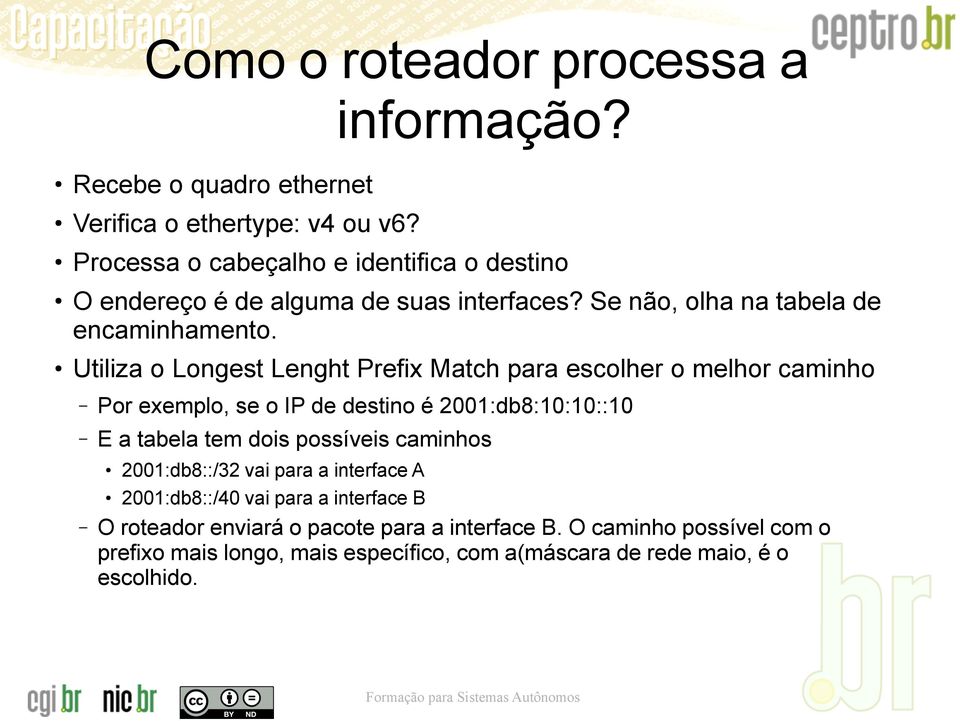 Utiliza o Longest Lenght Prefix Match para escolher o melhor caminho Por exemplo, se o IP de destino é 2001:db8:10:10::10 E a tabela tem dois possíveis