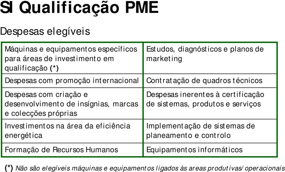 Recursos Humanos Estudos, diagnósticos e planos de marketing Contratação de quadros técnicos Despesas inerentes à certificação de sistemas, produtos e