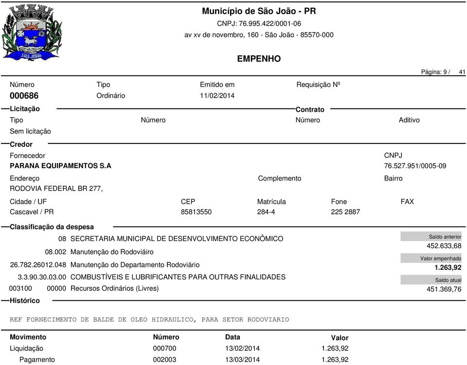 782.26012.048 Manutenção do Departamento Rodoviário 3.3.90.30.03.