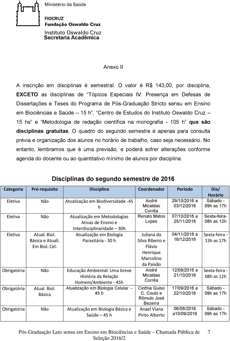 Saúde 15 h, Centro de Estudos do Instituto Oswaldo Cruz 15 hs e Metodologia de redação científica na monografia - 105 h que são disciplinas gratuitas.