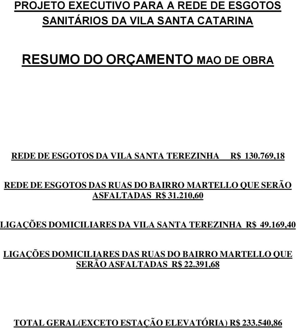 769,18 REDE DE ESGOTOS DAS RUAS DO BAIRRO MARTELLO QUE SERÃO ASFALTADAS R$ 31.