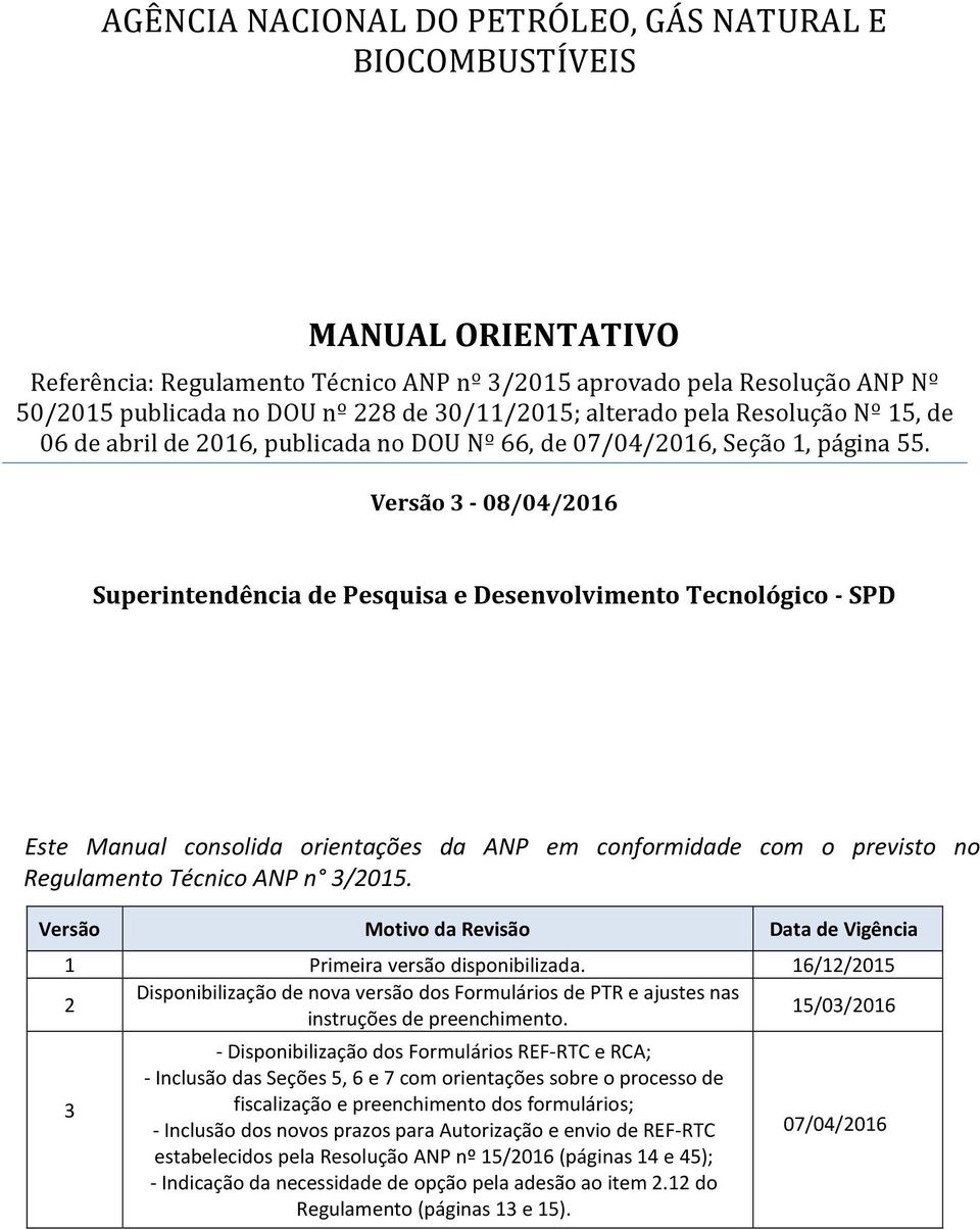 Versão 3-08/04/2016 Superintendência de Pesquisa e Desenvolvimento Tecnológico - SPD Este Manual consolida orientações da ANP em conformidade com o previsto no Regulamento Técnico ANP n 3/2015.