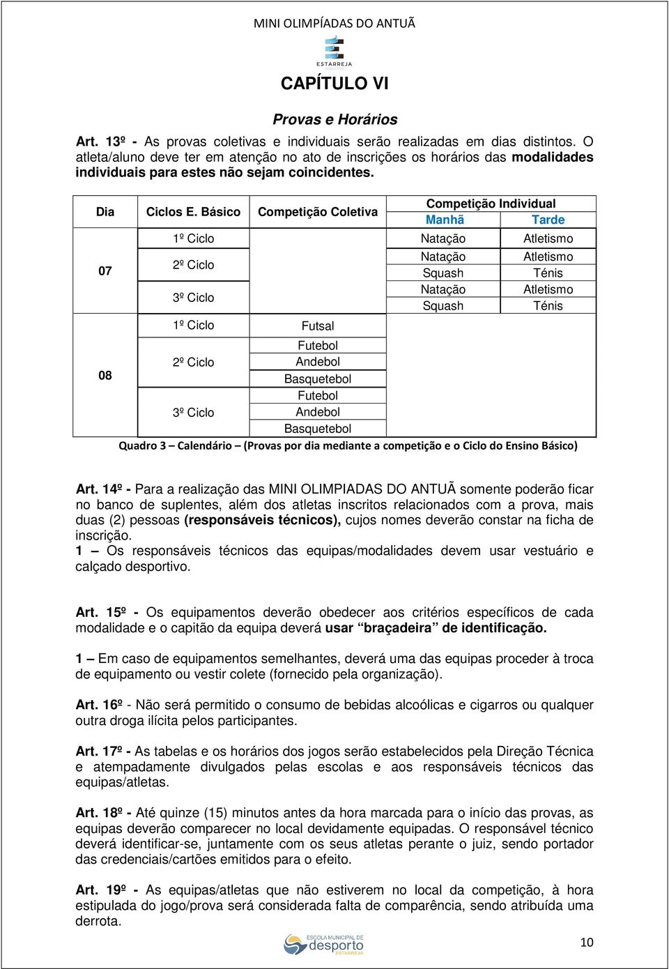 Básico Competição Coletiva 07 08 Competição Individual Manhã Tarde 1º Ciclo Natação Atletismo 2º Ciclo 3º Ciclo 1º Ciclo Futsal Natação Squash Natação Squash Atletismo Ténis Atletismo Ténis Futebol