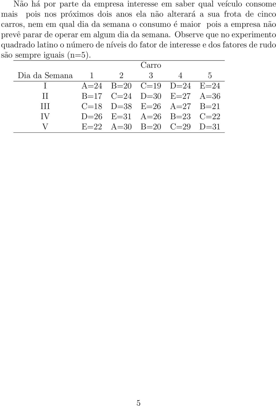 Observe que no experimento quadrado latino o número de níveis do fator de interesse e dos fatores de rudo são sempre iguais (n=5).