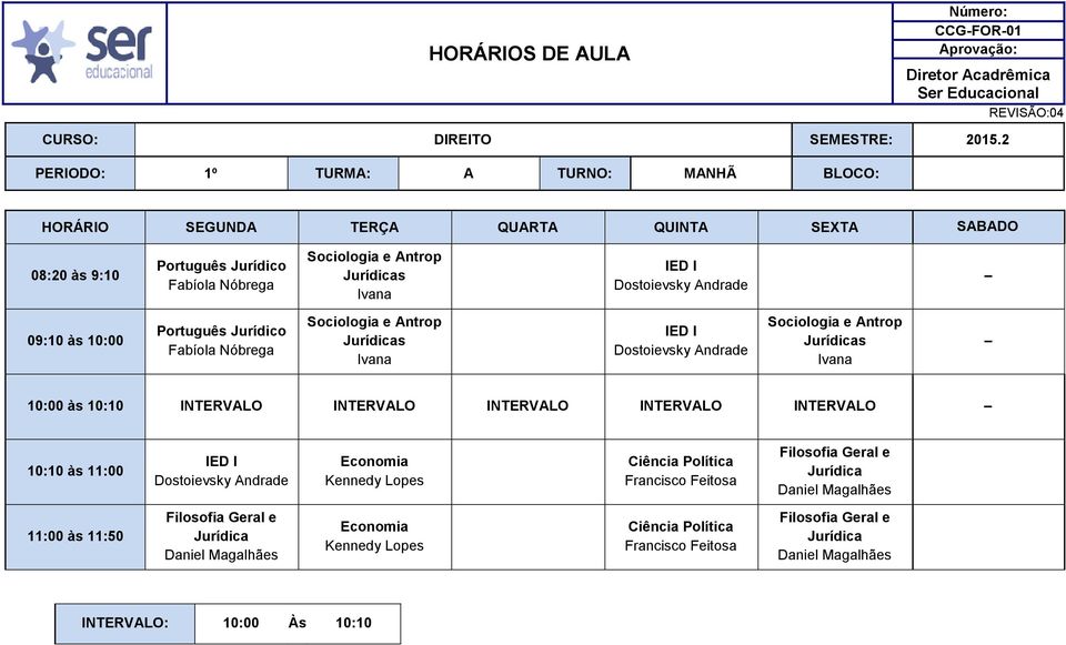 Português Jurídico Fabíola Nóbrega Sociologia e Antrop Jurídicas vana ED Sociologia e Antrop Jurídicas vana 10:00 às 10:10 NTERVALO NTERVALO NTERVALO NTERVALO