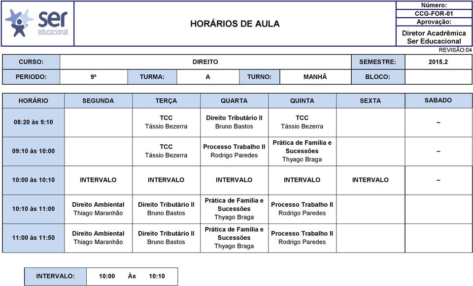 Processo Trabalho Prática de Família e Sucessões 10:00 às 10:10 NTERVALO NTERVALO NTERVALO NTERVALO NTERVALO Direito