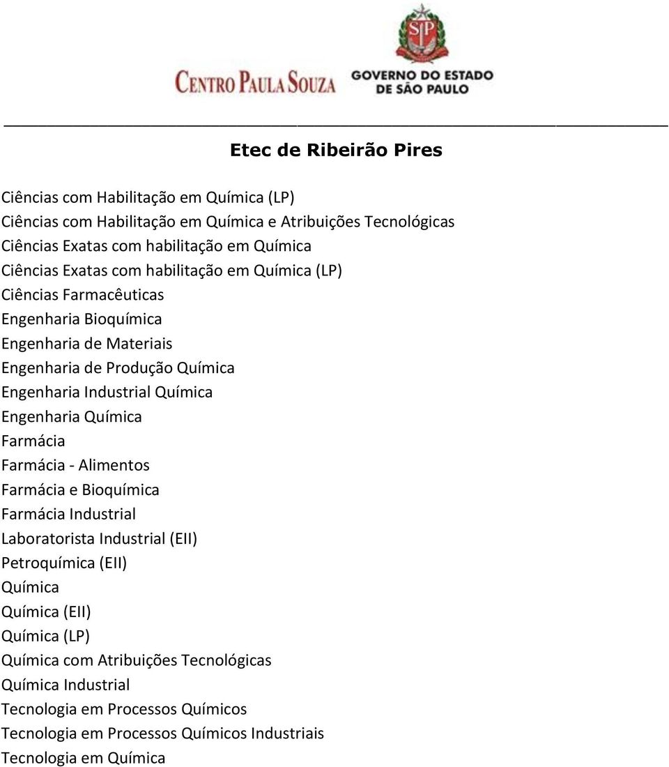 Engenharia Química Farmácia Farmácia - Alimentos Farmácia e Bioquímica Farmácia Industrial Laboratorista Industrial (EII) Petroquímica (EII) Química Química (EII)