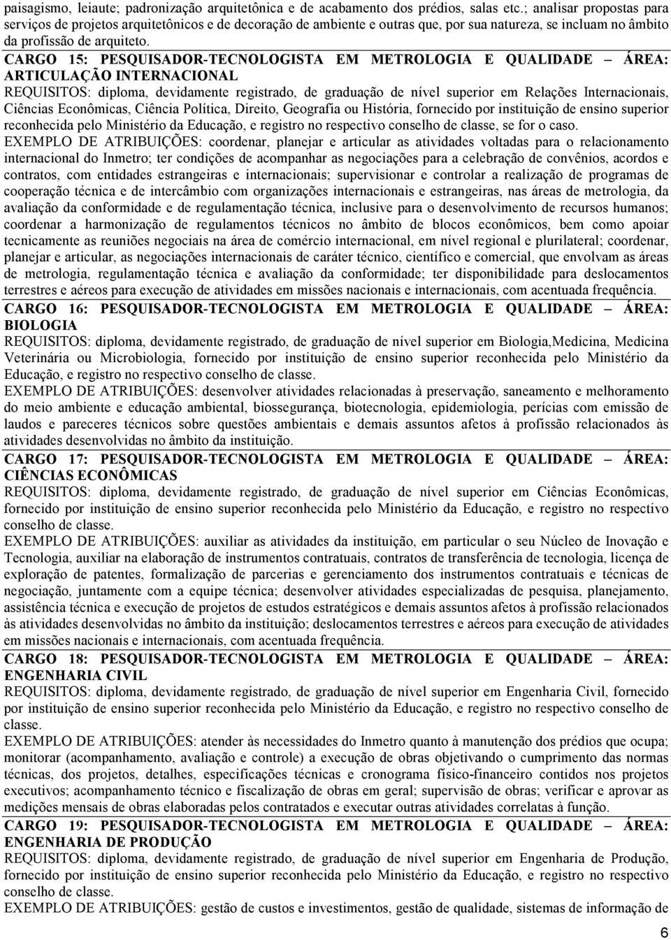 CARGO 15: PESQUISADOR-TECNOLOGISTA EM METROLOGIA E QUALIDADE ÁREA: ARTICULAÇÃO INTERNACIONAL REQUISITOS: diploma, devidamente registrado, de graduação de nível superior em Relações Internacionais,