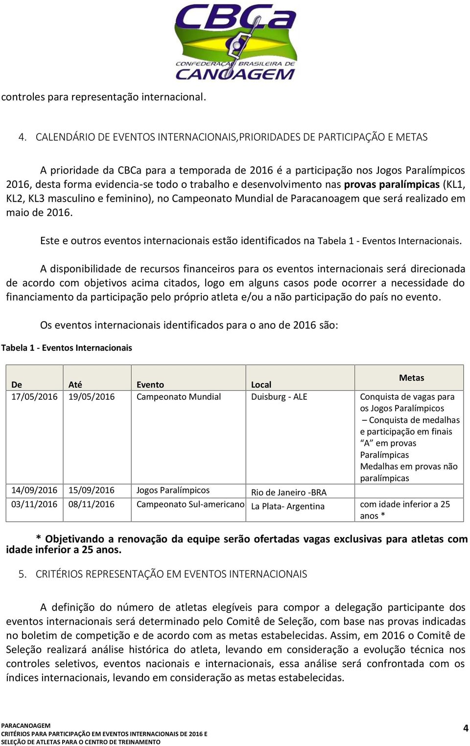 trabalho e desenvolvimento nas provas paralímpicas (KL1, KL2, KL3 masculino e feminino), no Campeonato Mundial de Paracanoagem que será realizado em maio de 2016.