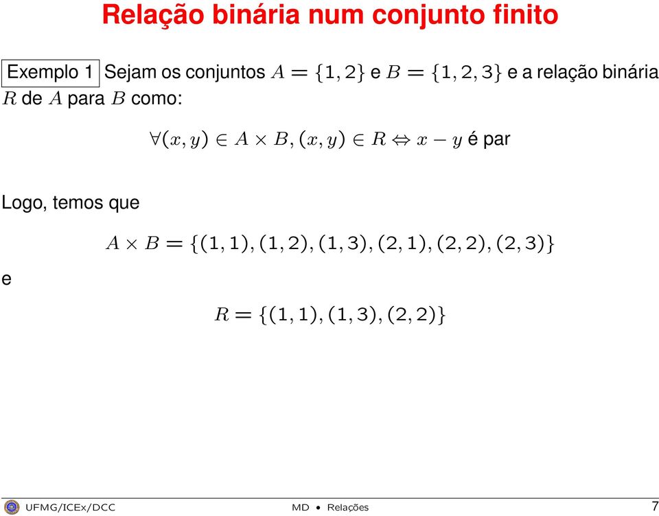 A B, (x, y) R x y é par Logo, temos que A B = {(1, 1), (1, 2), (1,