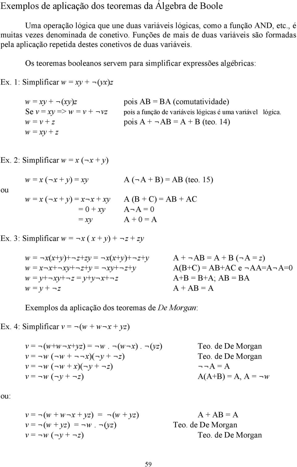 1: Simplificar w = xy + (yx)z w = xy + (xy)z pois AB = BA (comutatividade) Se v = xy => w = v + vz w = v + z pois A + AB = A + B (teo.