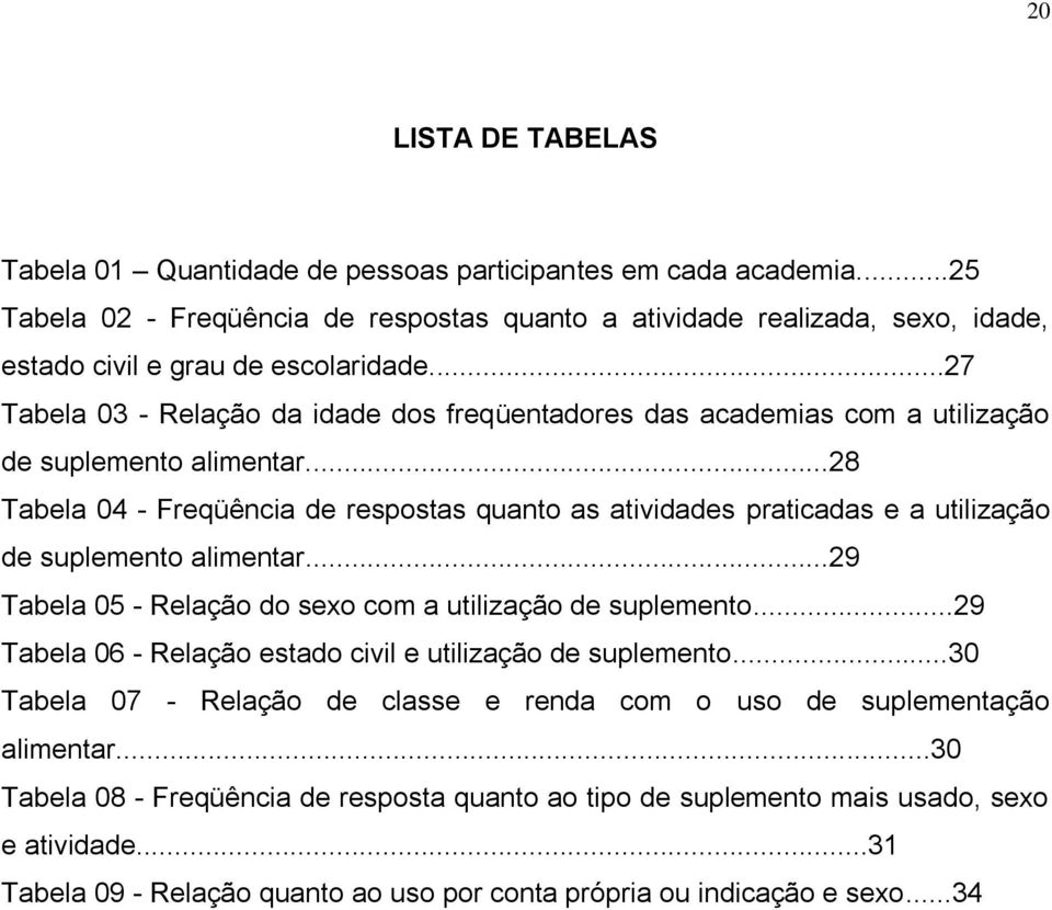 ..27 Tabela 03 - Relação da idade dos freqüentadores das academias com a utilização de suplemento alimentar.