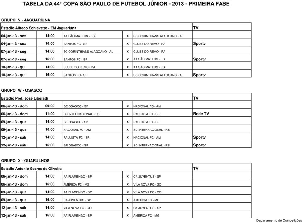 MATEUS - ES 10-jan-13 - qui 16:00 SANTOS FC - SP x SC CORINTHIANS ALAGOANO - AL Sportv GRUPO W - OSASCO Estádio Pref.