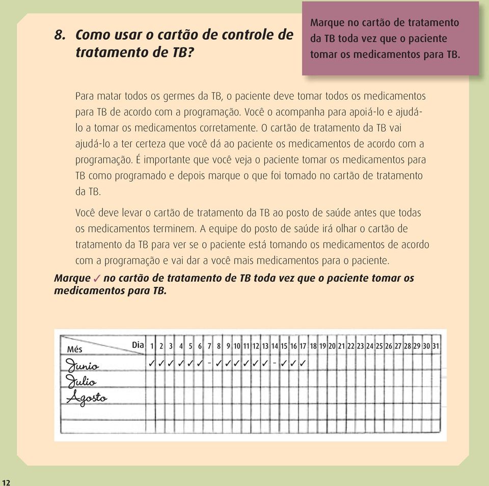 O cartão de tratamento da TB vai ajudá-lo a ter certeza que você dá ao paciente os medicamentos de acordo com a programação.