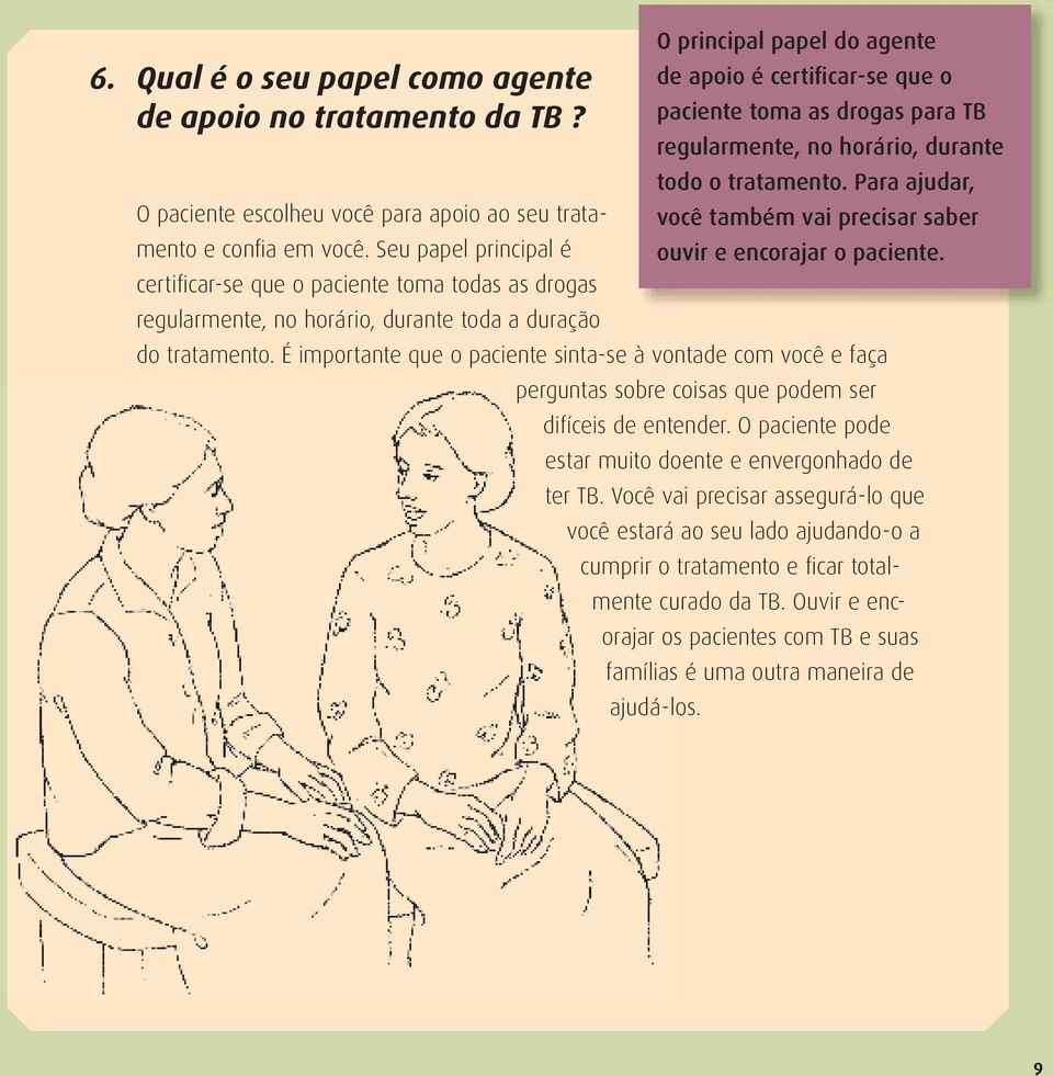 É importante que o paciente sinta-se à vontade com você e faça perguntas sobre coisas que podem ser difíceis de entender. O paciente pode estar muito doente e envergonhado de ter TB.