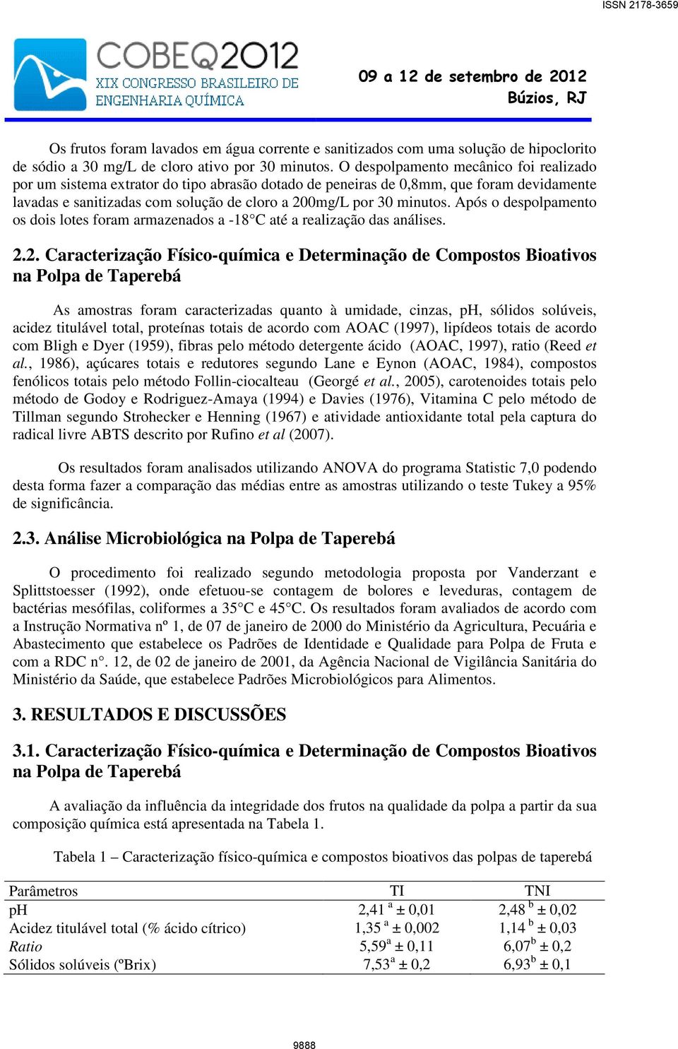 Após o despolpamento os dois lotes foram armazenados a -18 C até a realização das análises. 2.