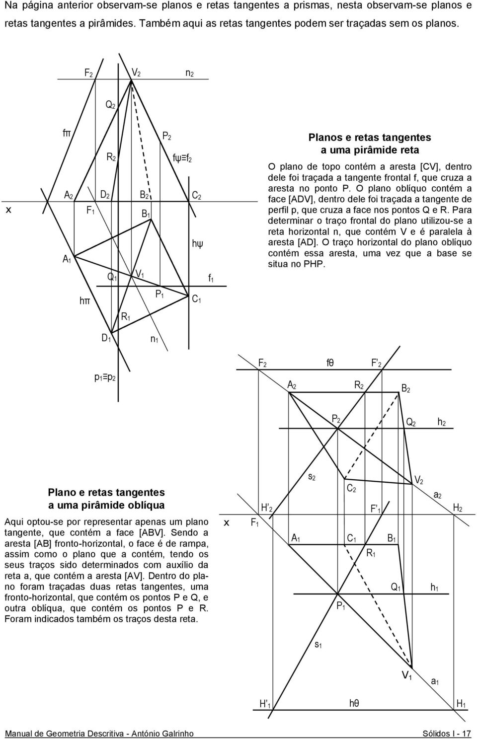 aresta no ponto P. O plano oblíquo contém a face [ADV], dentro dele foi traçada a tangente de perfil p, que cruza a face nos pontos Q e R.