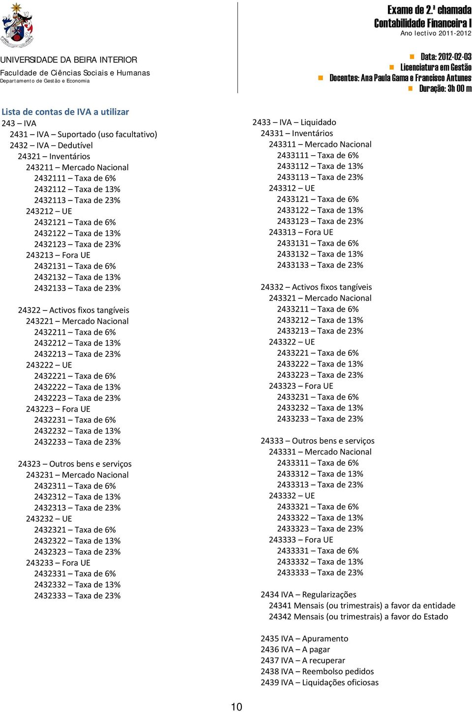 2432211 Taxa de 6% 2432212 Taxa de 13% 2432213 Taxa de 23% 243222 UE 2432221 Taxa de 6% 2432222 Taxa de 13% 2432223 Taxa de 23% 243223 Fora UE 2432231 Taxa de 6% 2432232 Taxa de 13% 2432233 Taxa de