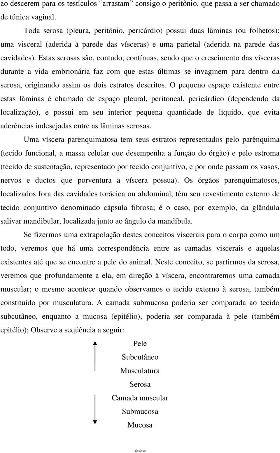 Estas serosas são, contudo, contínuas, sendo que o crescimento das vísceras durante a vida embrionária faz com que estas últimas se invaginem para dentro da serosa, originando assim os dois estratos