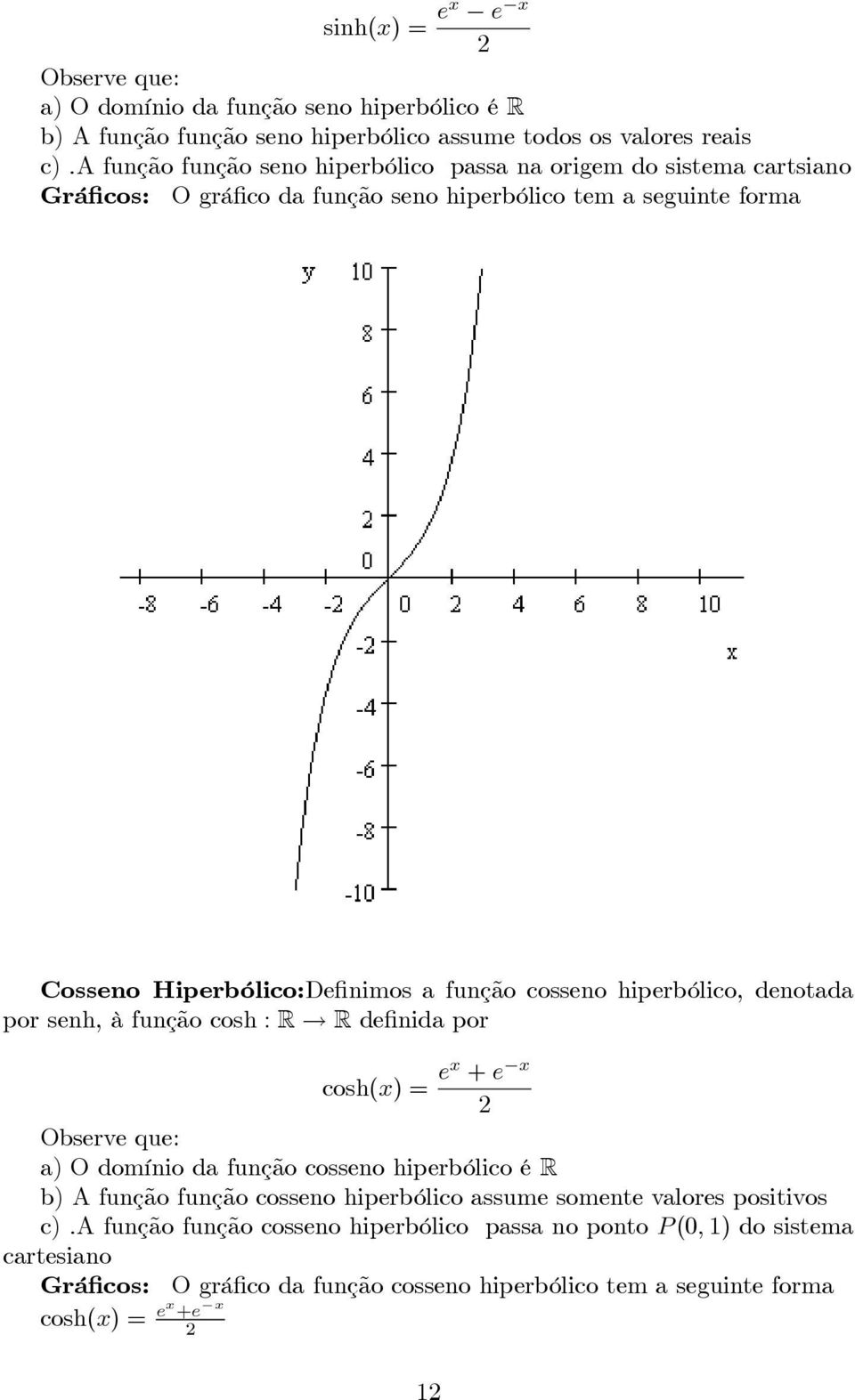 cosseno hiperbólico, denotada por senh, à função cosh : R R definida por cosh(x) = ex + e x Observe que: a) O domínio da função cosseno hiperbólico é R b) A função função cosseno
