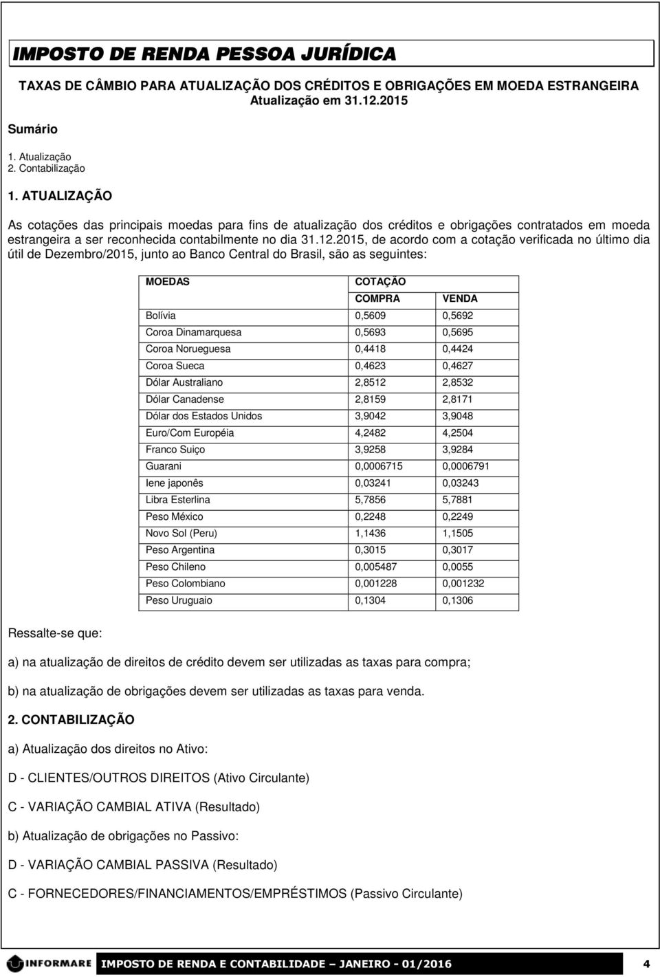 2015, de acordo com a cotação verificada no último dia útil de Dezembro/2015, junto ao Banco Central do Brasil, são as seguintes: MOEDAS COTAÇÃO COMPRA VENDA Bolívia 0,5609 0,5692 Coroa Dinamarquesa