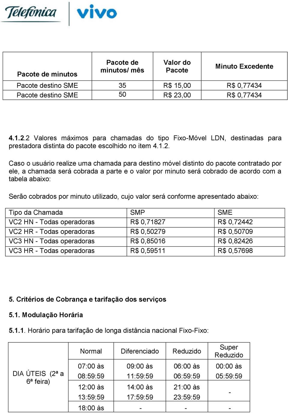 2 Valores máximos para chamadas do tipo Fixo-Móvel LDN, destinadas para prestadora distinta do pacote escolhido no item 4.1.2. Caso o usuário realize uma chamada para destino móvel distinto do pacote