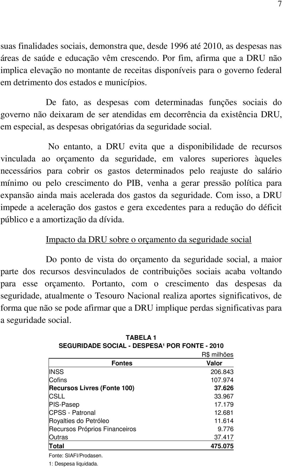 De fato, as despesas com determinadas funções sociais do governo não deixaram de ser atendidas em decorrência da existência DRU, em especial, as despesas obrigatórias da seguridade social.