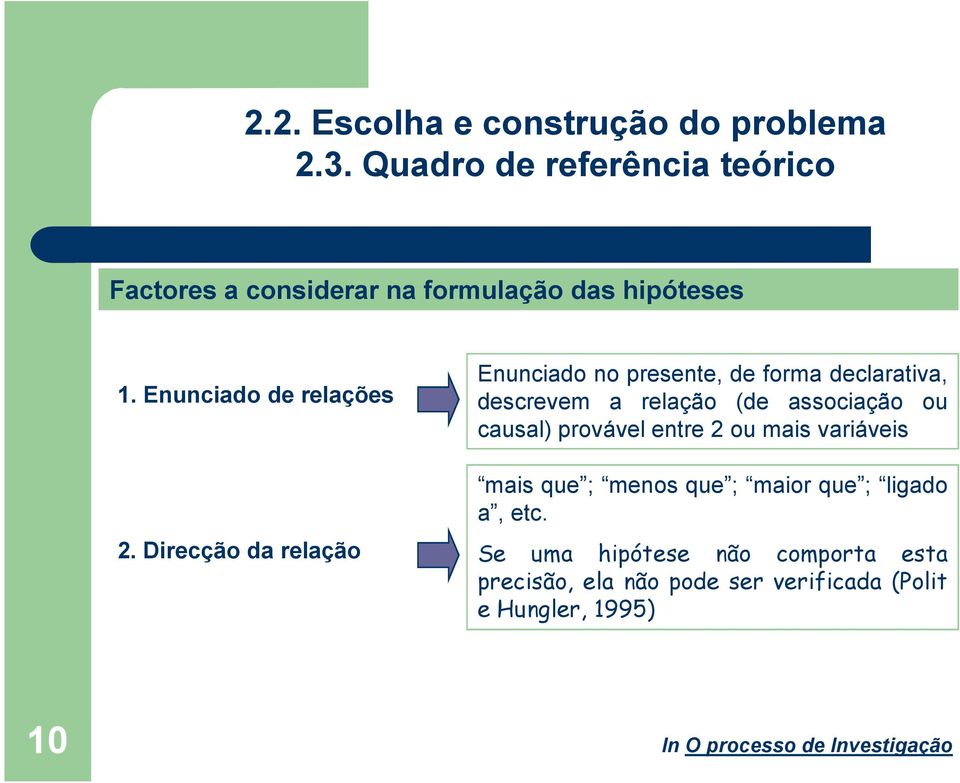 variáveis 2. Direcção da relação mais que ; menos que ; maior que ; ligado a, etc.