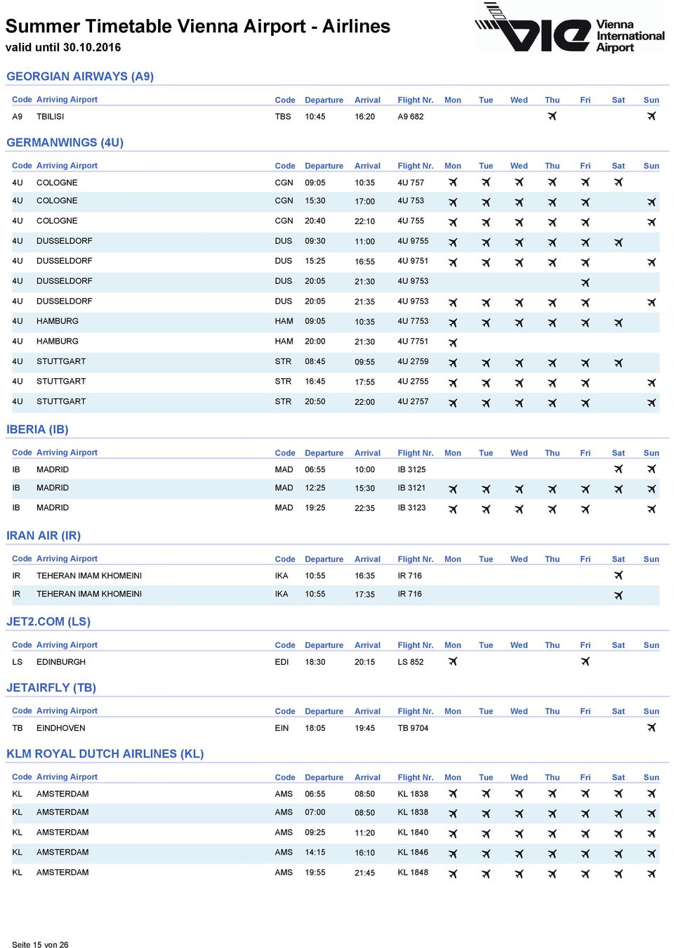 4U STUTTGART STR 08:45 09:55 4U 2759 4U STUTTGART STR 16:45 17:55 4U 2755 4U STUTTGART STR 20:50 22:00 4U 2757 IBERIA (IB) IB MADRID MAD 06:55 10:00 IB 3125 IB MADRID MAD 12:25 15:30 IB 3121 IB