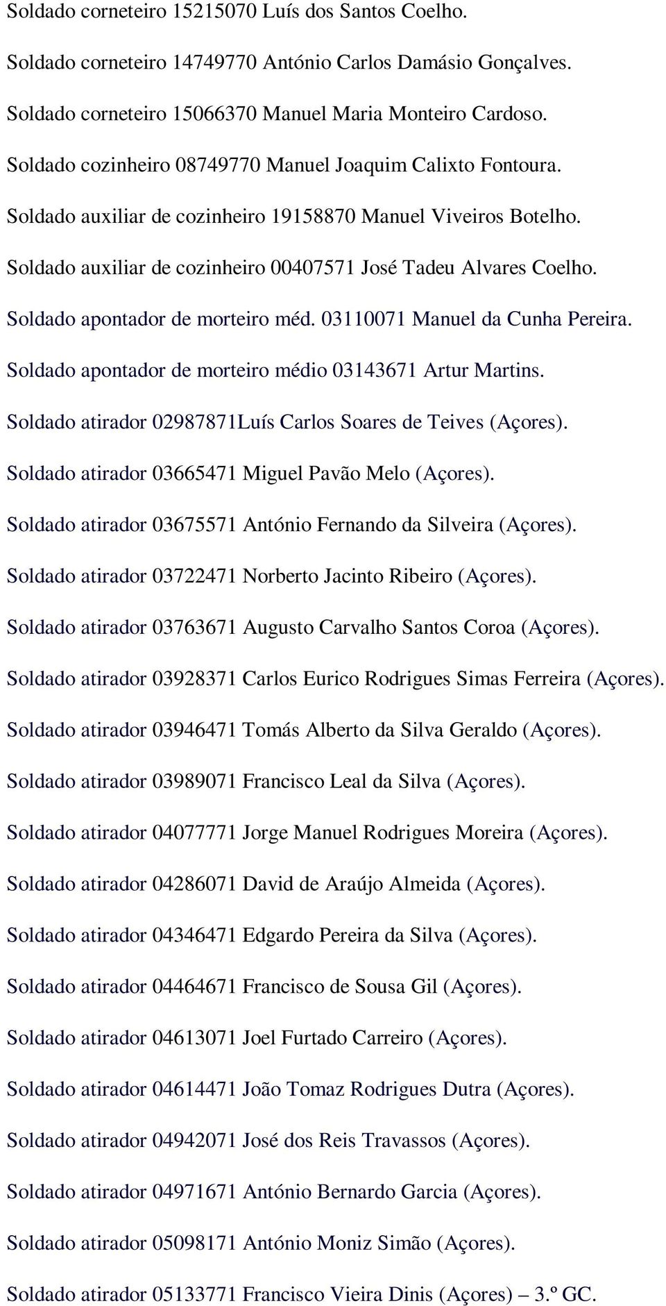 Soldado apontador de morteiro méd. 03110071 Manuel da Cunha Pereira. Soldado apontador de morteiro médio 03143671 Artur Martins. Soldado atirador 02987871Luís Carlos Soares de Teives (Açores).