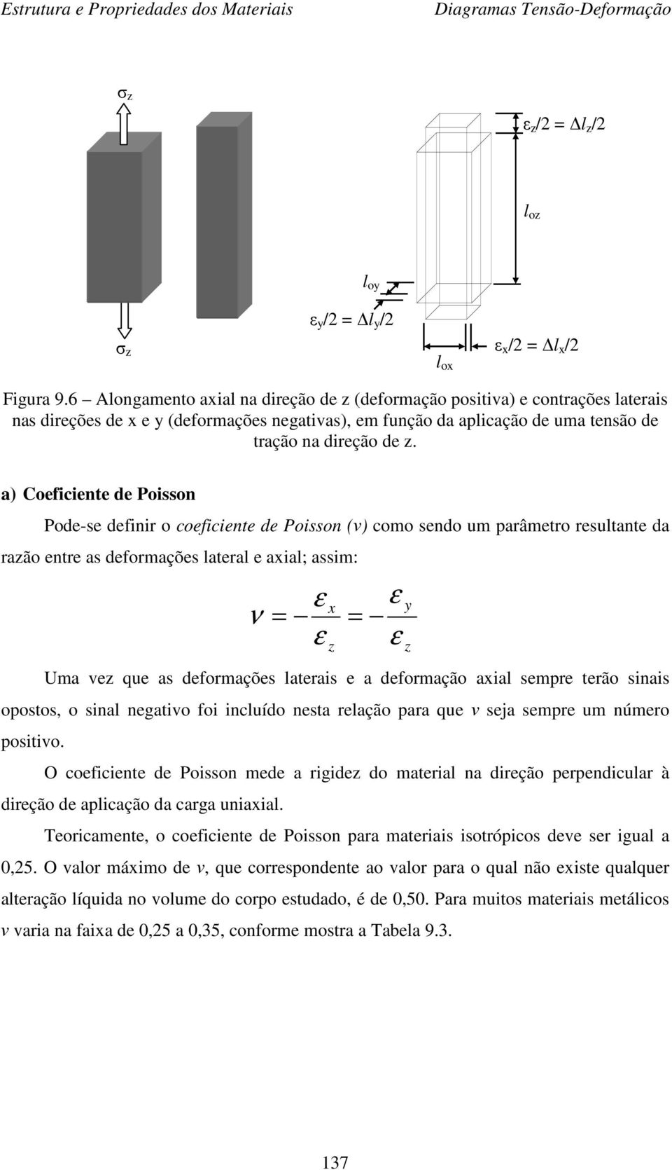 a) Coeficiente de Poisson Pode-se definir o coeficiente de Poisson (ν) como sendo um parâmetro resultante da razão entre as deformações lateral e axial; assim: ν = x z y = Uma ez que as deformações