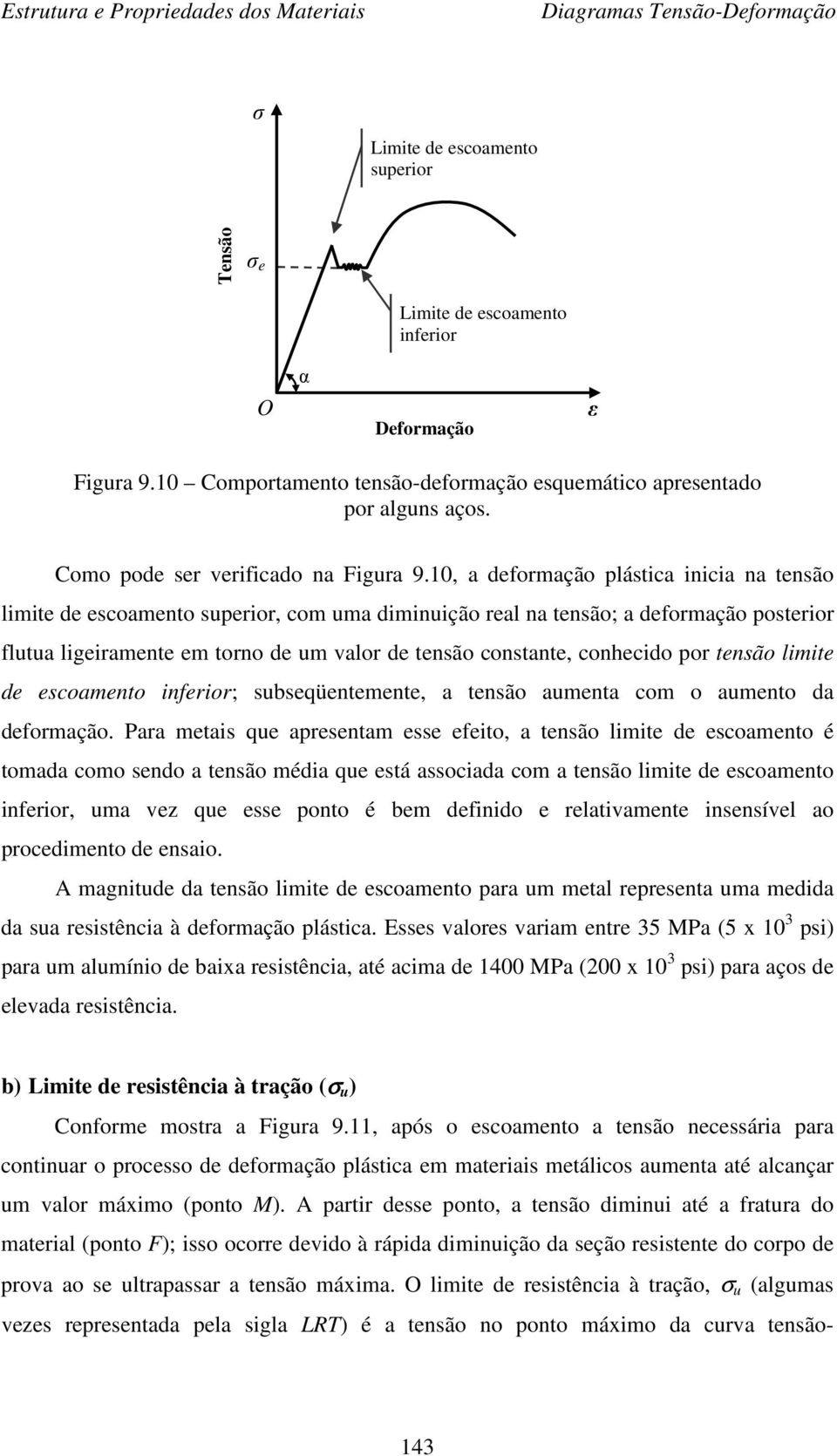 10, a deformação plástica inicia na tensão limite de escoamento superior, com uma diminuição real na tensão; a deformação posterior flutua ligeiramente em torno de um alor de tensão constante,