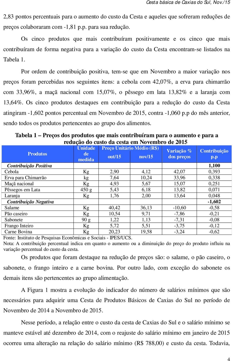 Por ordem de contribuição positiva, tem-se que em Novembro a maior variação nos preços foram percebidas nos seguintes itens: a cebola com 42,07%, a erva para chimarrão com 33,96%, a maçã nacional com