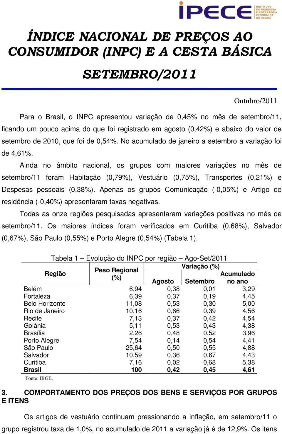 Ainda no âmbito nacional, os grupos com maiores variações no mês de setembro/11 foram Habitação (0,79%), Vestuário (0,75%), Transportes (0,21%) e Despesas pessoais (0,38%).