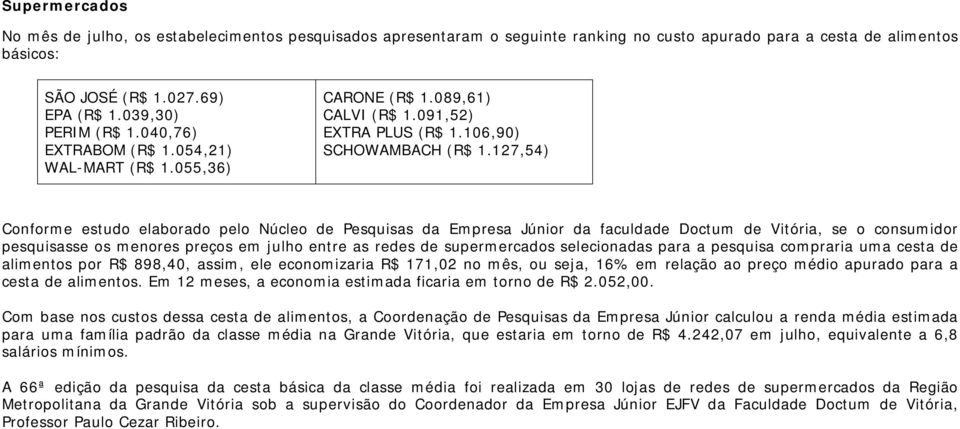 127,54) Conforme estudo elaborado pelo Núcleo de Pesquisas da Empresa Júnior da faculdade Doctum de Vitória, se o consumidor pesquisasse os menores preços em julho entre as redes de supermercados