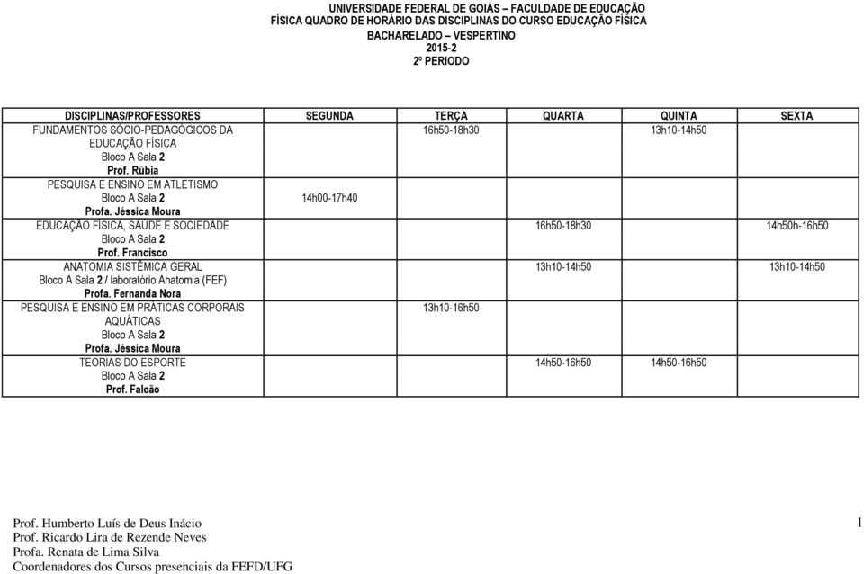 Jéssica Moura EDUCAÇÃO FÍSICA, SAÚDE E SOCIEDADE 16h50-18h30 14h50h-16h50 Bloco A Sala 2 Prof.